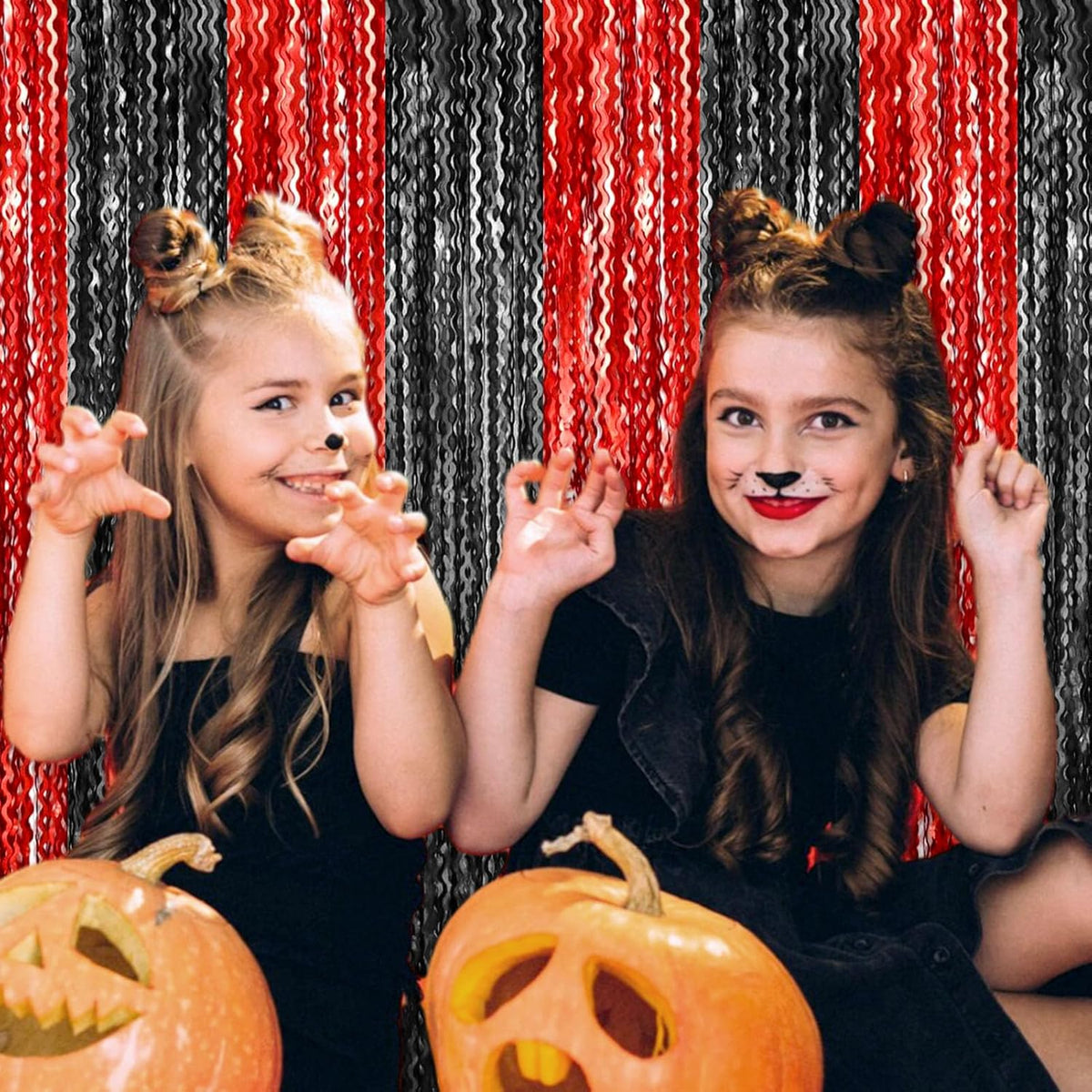 4 Pack Black Red Wave Foil Fringe Curtain Backdrop, 3.28Ft x 8.2Ft Metallic Tinsel Foil Fringe Streamer Curtains for Photo Booth, Mother's Day, Easter, Birthday, Wedding Party Decoration