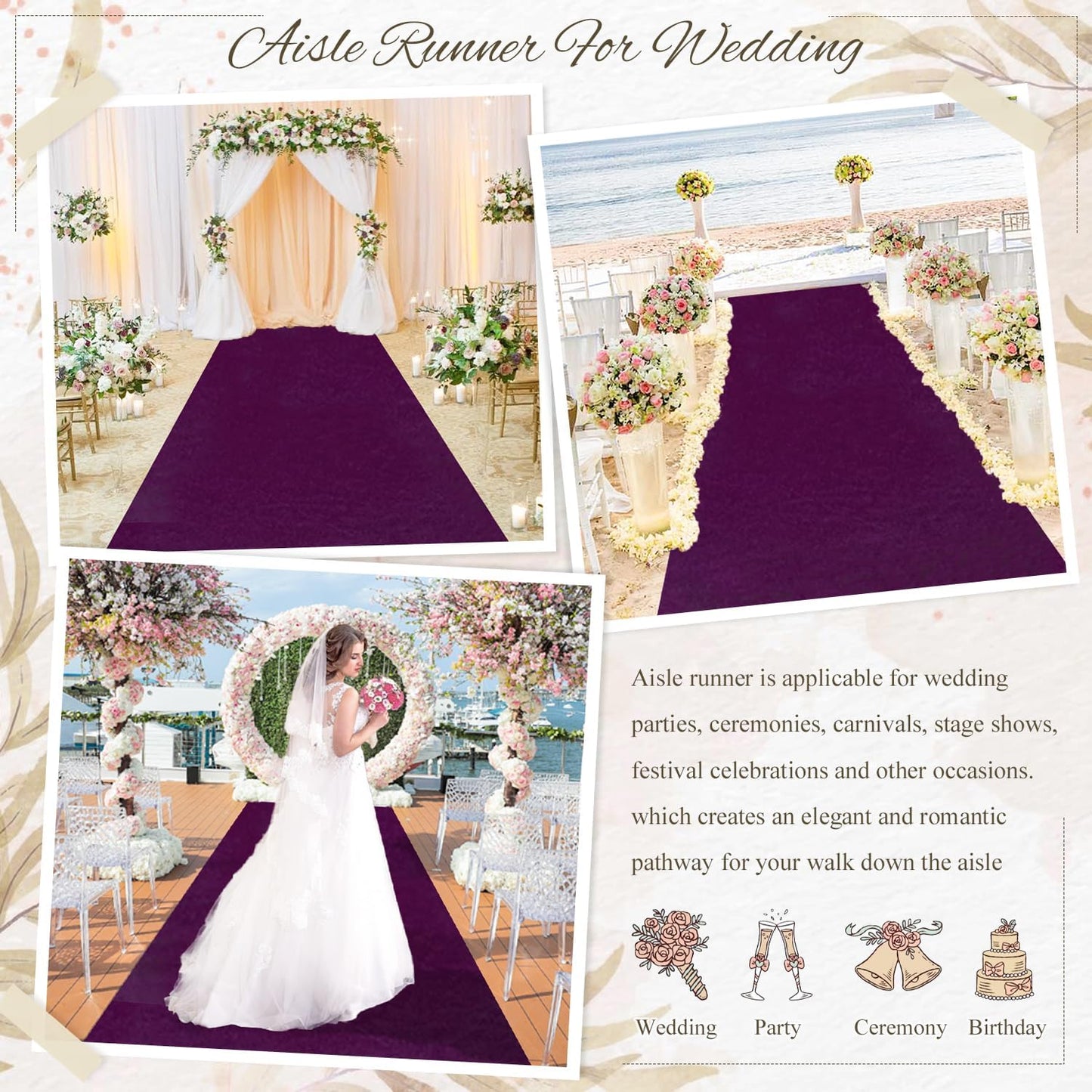 MODFUNS Aisle Runners for Weddings Purple Velvet Aisle Runner 4x25ft Party Carpet Runners Wedding Runner Rug with Carpet Tape Vintage Aisle Floor Runner Bridal Shower Banquet Ceremony Prom Carpet