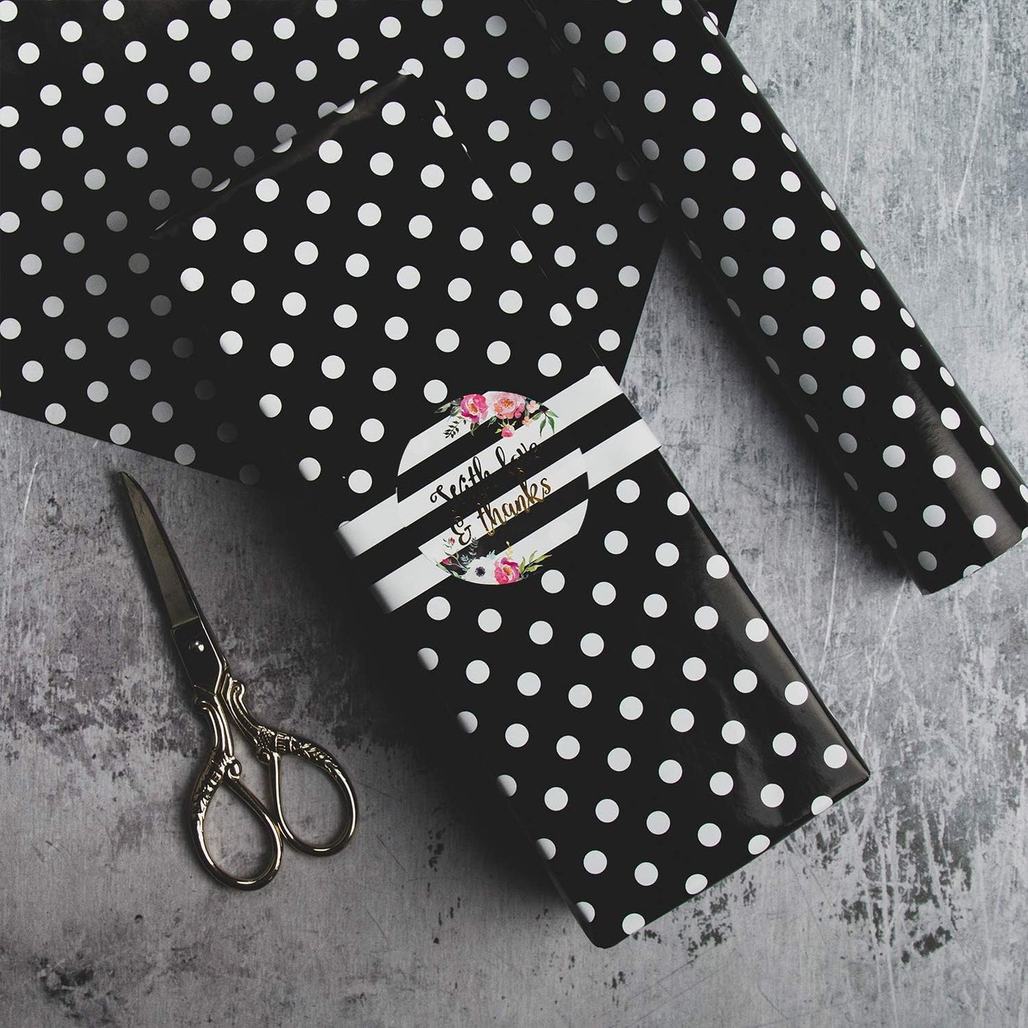 WRAPAHOLIC Reversible Wrapping Paper - Mini Roll - 17 Inch X 33 Feet - Black and Polka Dot Design for Birthday, Holiday, Wedding, Baby Shower