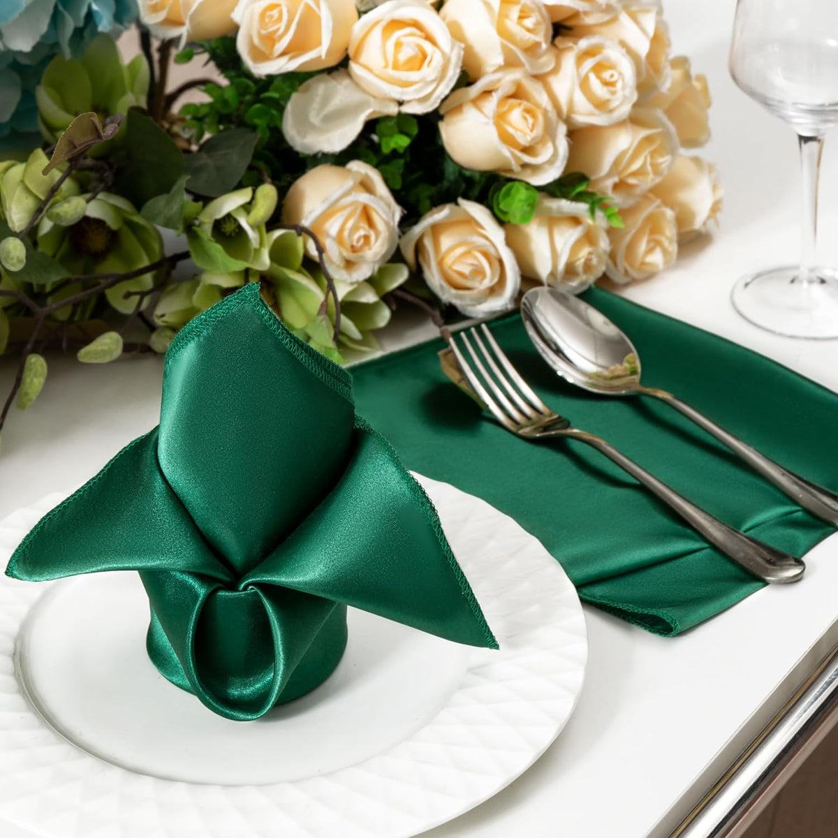 36 Pack Square Satin Dinner Napkins, 16x16 Inches Silky Soft Smooth Table Cloth Napkins for Restaurant Weddings Banquet Party Decoration, Blackish Green