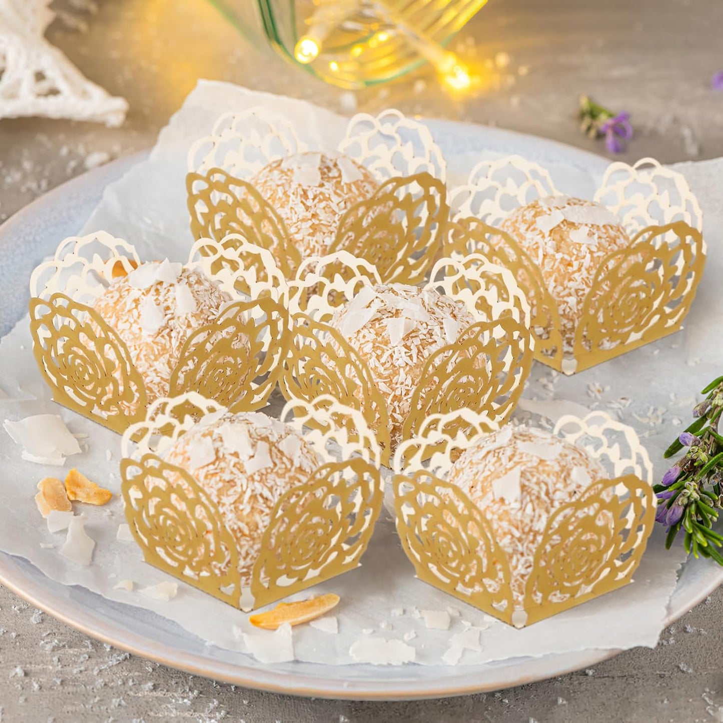 100Pcs Truffle Wrapper Liners, Paper Mini Cupcake Liners Chocolate Candy Transfer Sheets, Peanut Cupcake Wrappers Dessert Tray Muffin Baking Cups for Birthday Wedding Decoration
