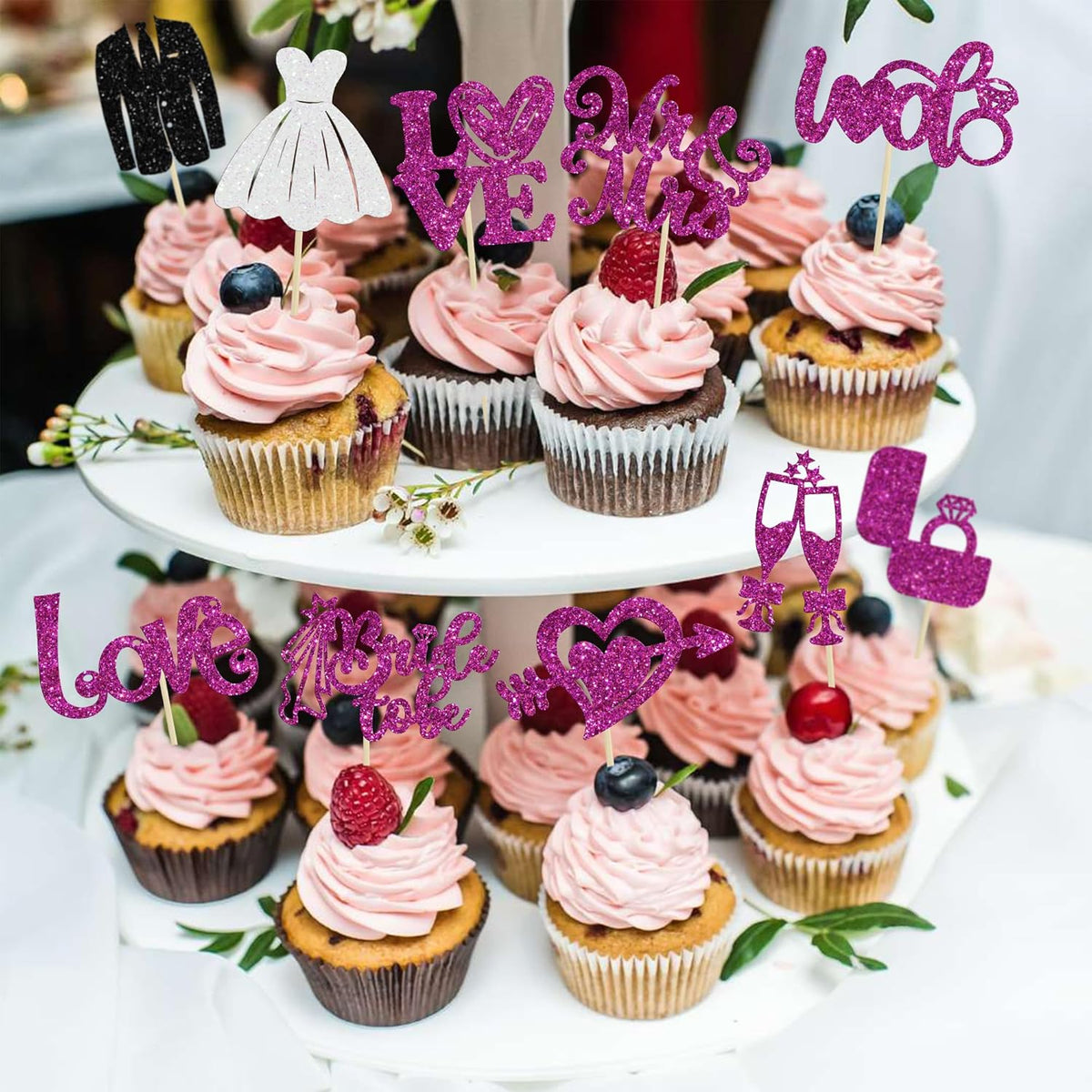Ephlyn 30Pcs Bride to be Cupcake Toppers Glitter Wedding Cake Topper Decorations I Do Love Heart Ring Cupcake Picks for Bridal Shower Wedding Engagement Party Supplies Purple