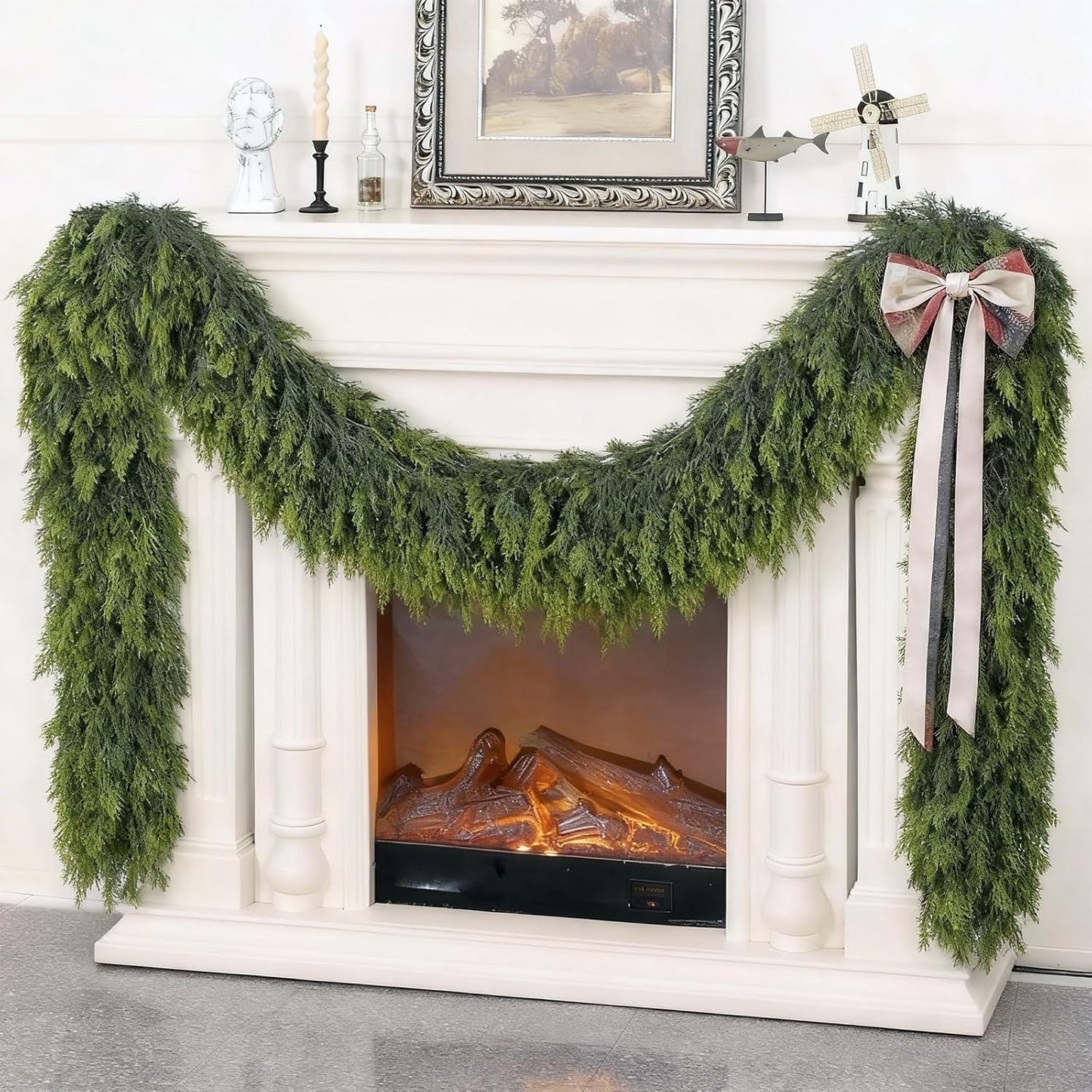 6FT Real Touch Cedar Garland - Artificial Christmas Garland Fake Green Faux Thick and Lush Pine Needles Garlands for Table Fireplace Mantle Holiday Home Indoor Outdoor Decor (1PCS)