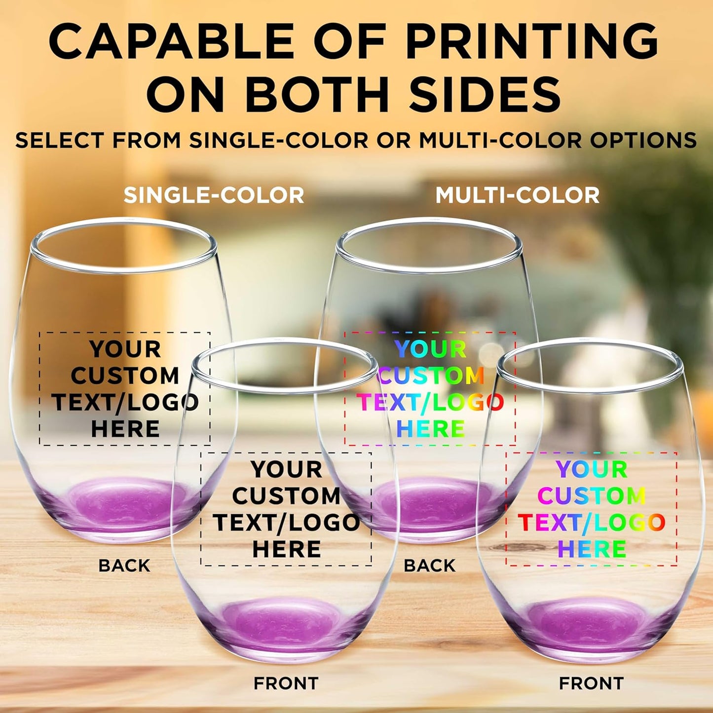 Custom Stemless Wine Glass 9 oz. Set of 50, Personalized Bulk Pack - Great for Wedding Favors, Bachelorette Party Decorations, Party Favors, Color Bottom - Pink