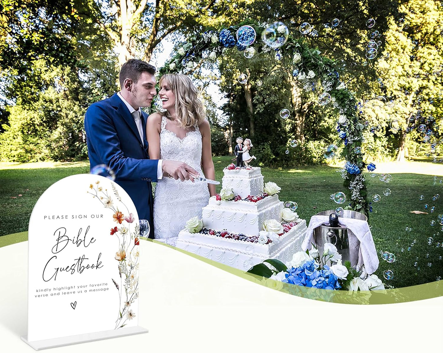 Boho Floral Bible Guest Book Sign, 6 x 8 Inch White Arch Acrylic Wedding Sign with Holder, Wedding Sign for Ceremony and Reception, Wedding Decoration, Wedding Supplies - BX28
