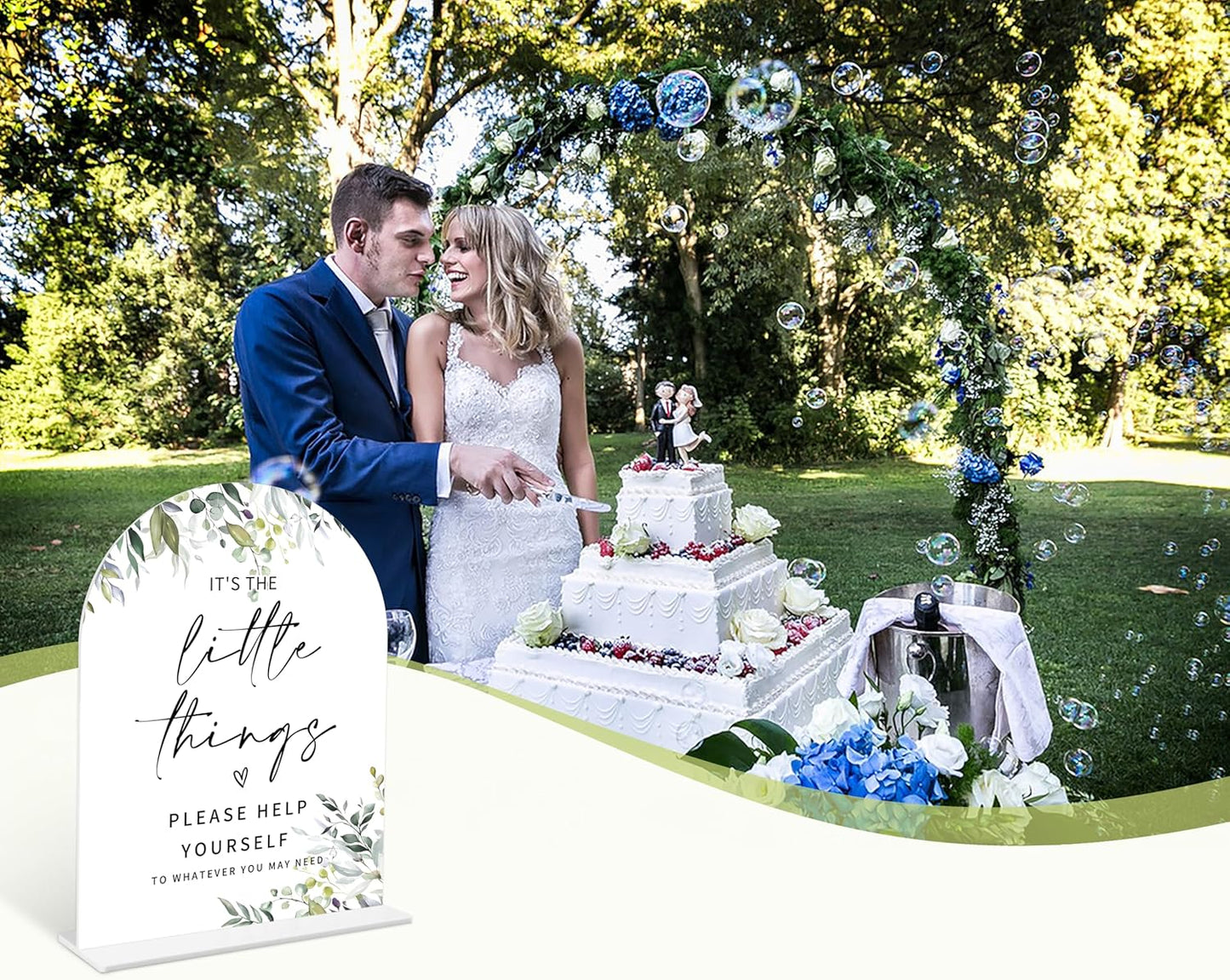 Greenery Wedding Bathroom Basket Sign, 6 x 8 Inch White Arch Acrylic Wedding Sign with Holder, Wedding Sign for Ceremony and Reception, Wedding Decoration, Wedding Supplies - LY09