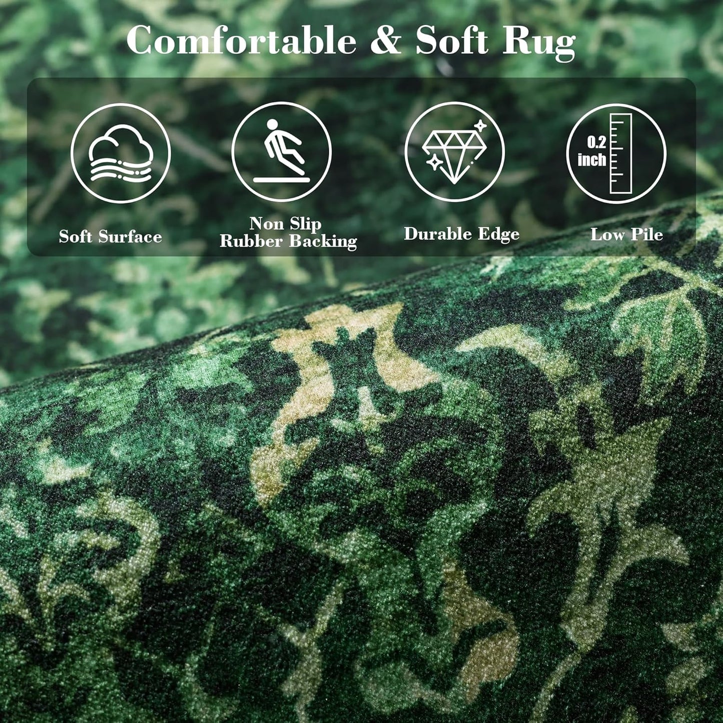 Dark Green 3x7 Runner Rug for Hallways Bed Side Kitchen, Boho Washable Distressed Low-Pile Floor Entryway Long Bathroom Mat, Non-Slip Laundry Room Washstand Front Carpet Green 36x84 Inch