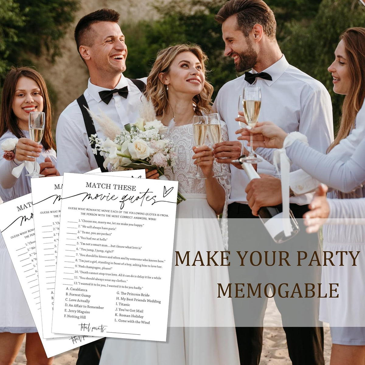 Fun Bridal Shower Games Set 25 Wedding Games Cards with 1 Answer Card Match Movie Quotes for Minimalist White Newlywed Party Entertainment Supplies - A02