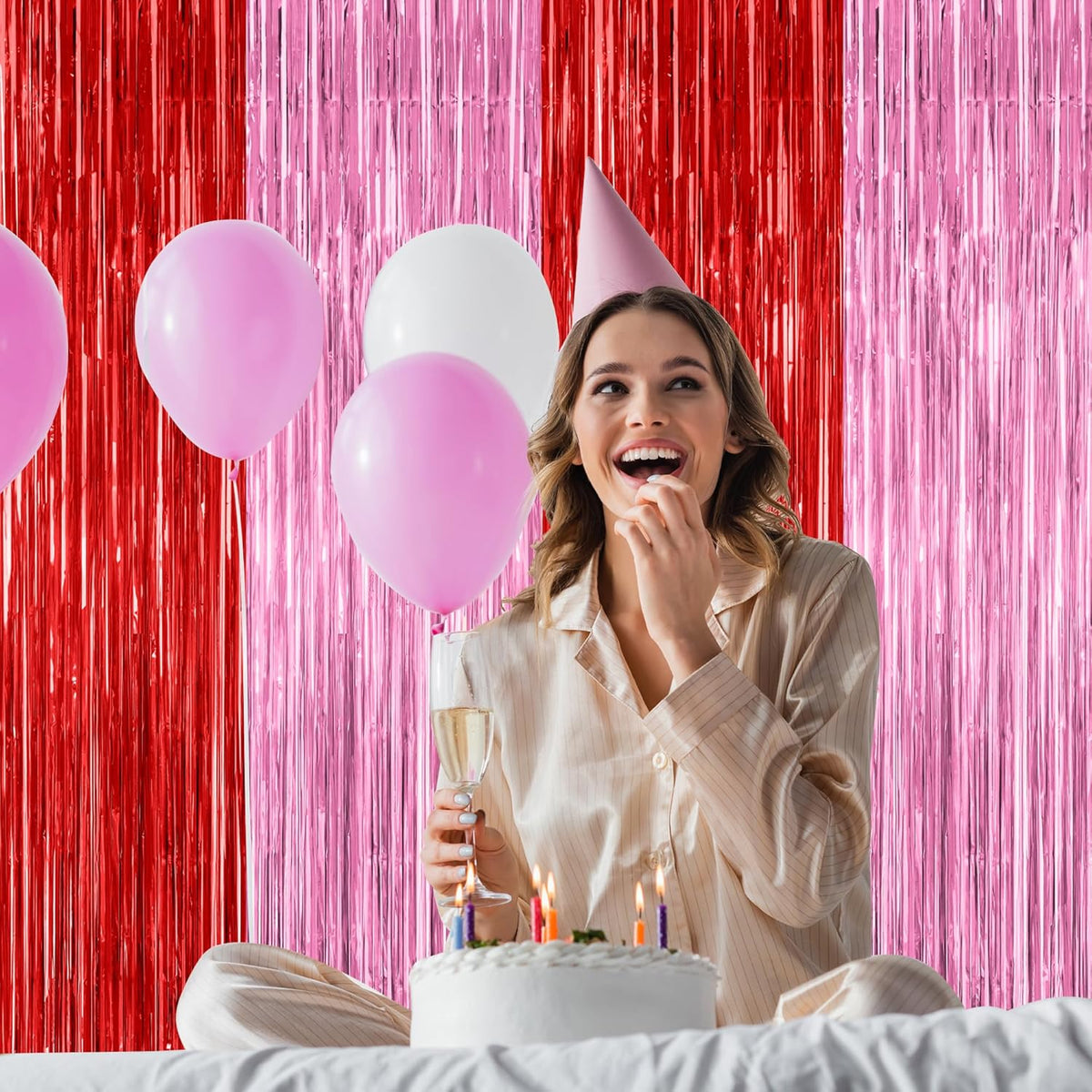 2 Pack Backdrop Curtains, 3.28 Feet x 7.05 Feet Red Pink Backdrop, Metallic Fringe Curtains Tinsel Backdrop Party Streamer, Babie Backdrop Happy Birthday Party Supplies Decorations