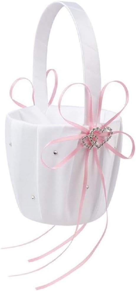The Crafty Owl 2 Heart Rhinestones Ivort/Blue, Red, Purple, Black Trimming, Burlap,Pink Flowers or Champagne Satin Wedding Ring Bearer Pillow and Basket Set (White with Pink Trimming)