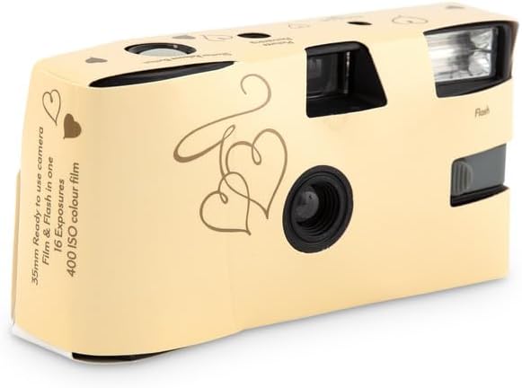 Weddingstar Disposable Camera with Flash - Single Use 35mm Film Camera for Wedding or Party Favors - Gold Enchanted Hearts (10 Pack)