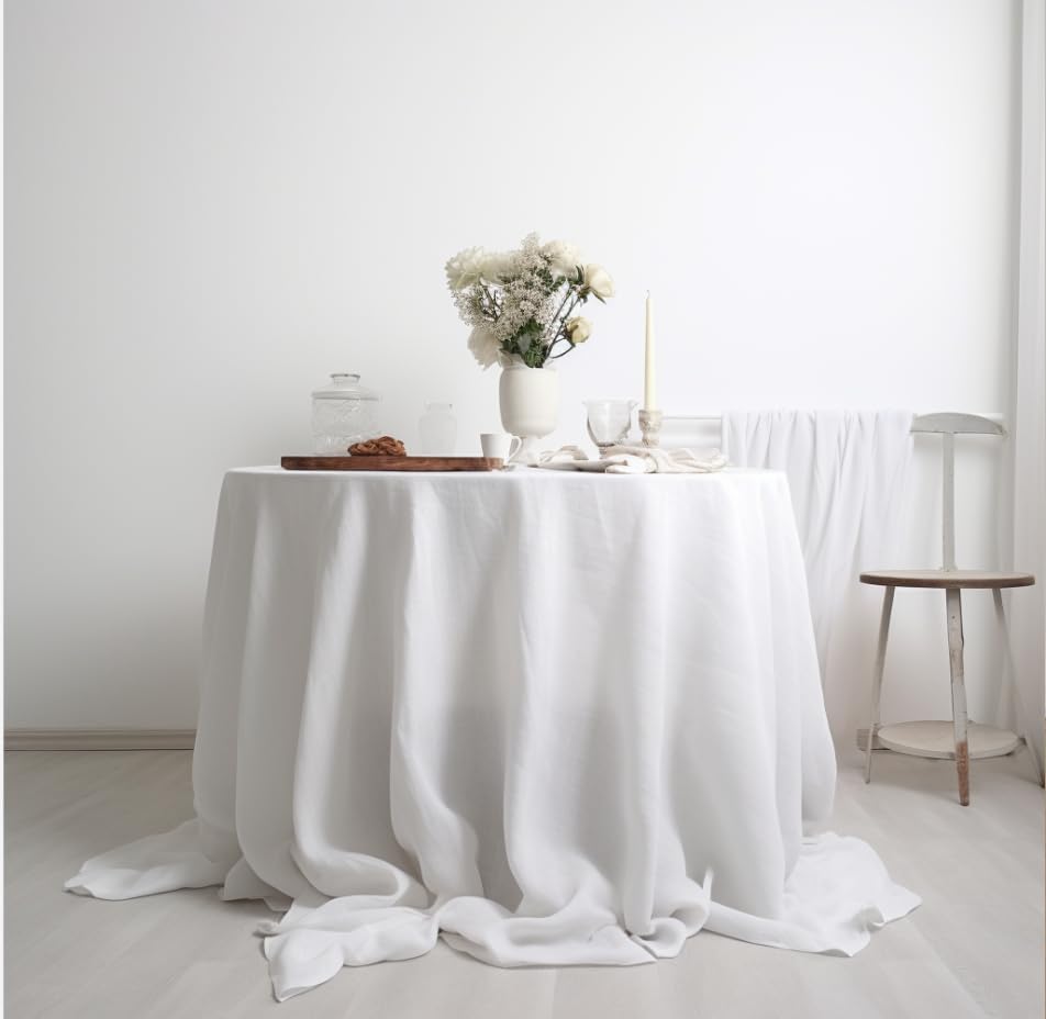 EVERLY 100% Pure Linen Round Tablecloths 90Inch Round Machine Washable Tablecloth for Thanksgiving,Decorative Halloween,Buffet Parties,Picnic,Events,Weddings and Restaurants-White