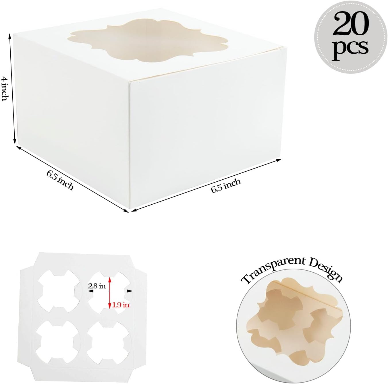 20 PCS 6.5 x 6.5 x 4 inch Paper, Cupcake Boxes with Inserts and Window Hold 4 Cupcakes, Bakery Boxes For Cupcakes Carrier, Cupcake Containers (Cyan-4 Holes)