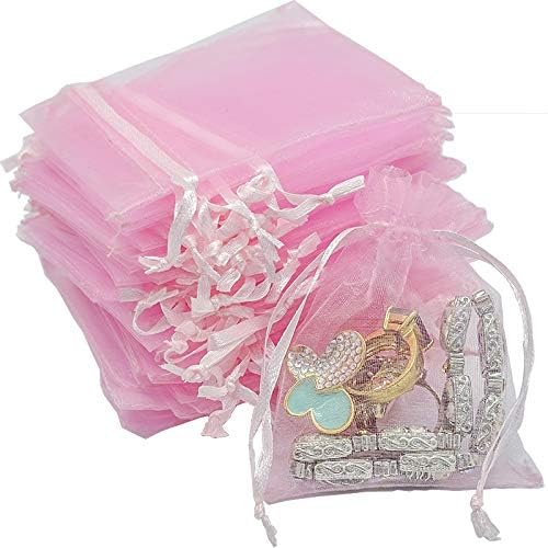 TheDisplayGuys 100-Pack 3x4 Pink Sheer Organza Gift Bags with Drawstring, Jewelry Candy Treat Wedding Party Favors Mesh Pouch