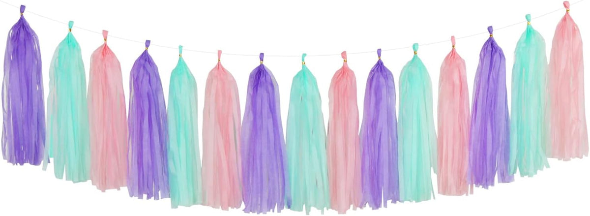 Pink-Purple Mint Mermaid Ocean-Themed Party-Decorations - 15pcs Tassel Garland Streamers Wedding Birthday Engagement Baby Bridal Shower Tassels Banner Decor Panduola