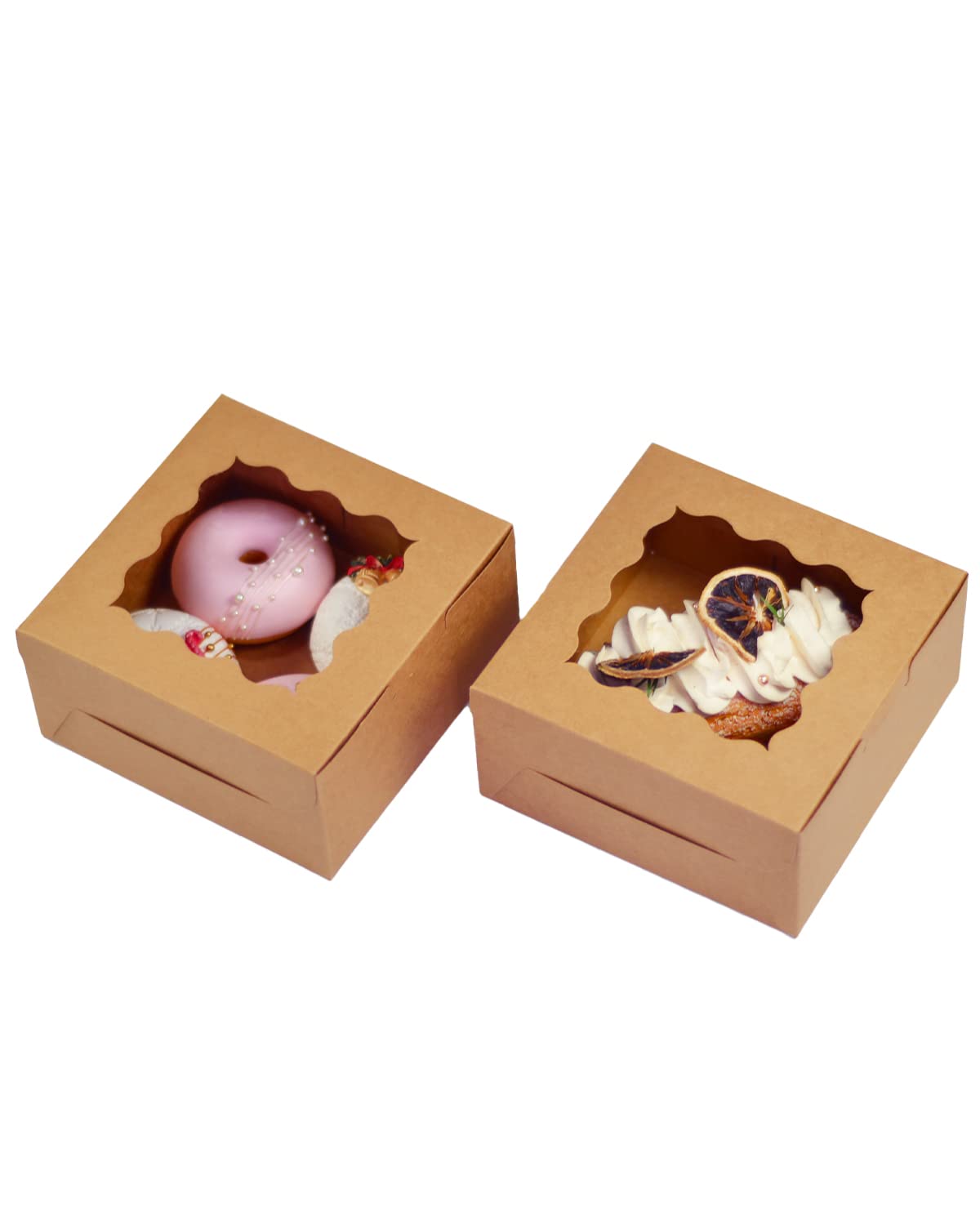 Bakepacker 100pcs Kraft Cookie Boxes 6x6x3 inches Easy Assemble Macaroon Pastry Boxes Bakery Boxes with Window for Bakery