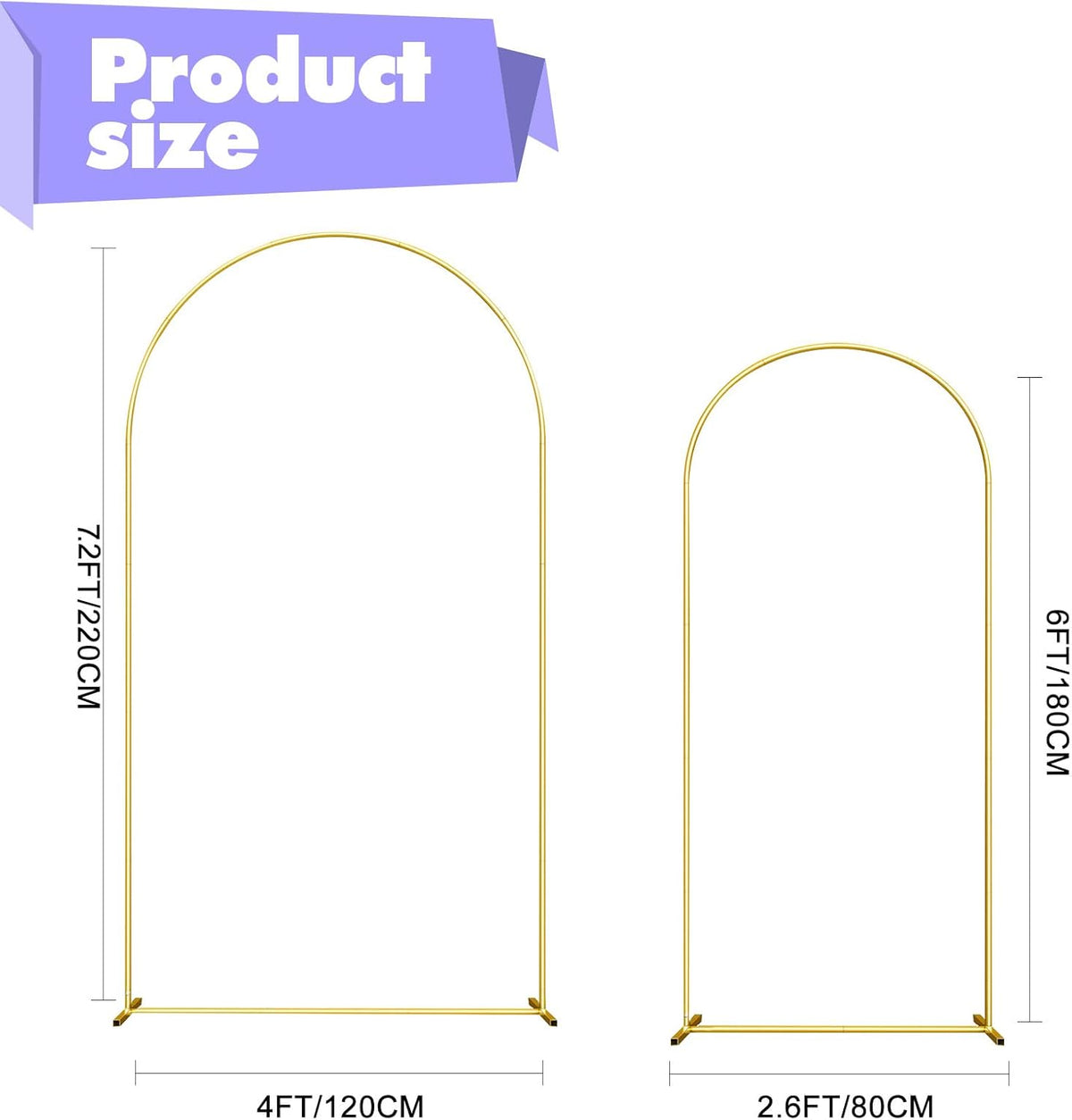 Wedding Arch Backdrop Stand Set of 2 (7.2FT, 6FT) Gold Wedding Balloon Arched Backdrop Stand Square Arch Frame for Birthday Party Bridal Baby Shower Ceremony Decoration