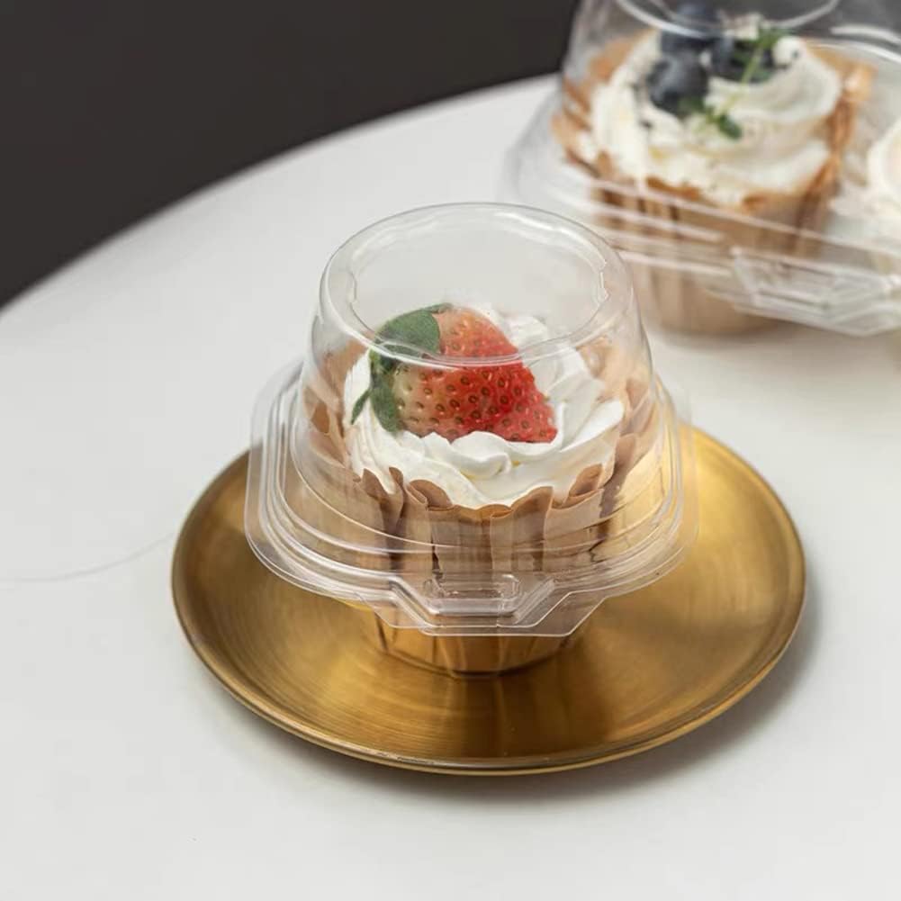 100 Pcs Cupcake Boxes Plastic Individual Cupcake Containers Single Cupcake Carrier with Connected Airtight Dome Lid for Party
