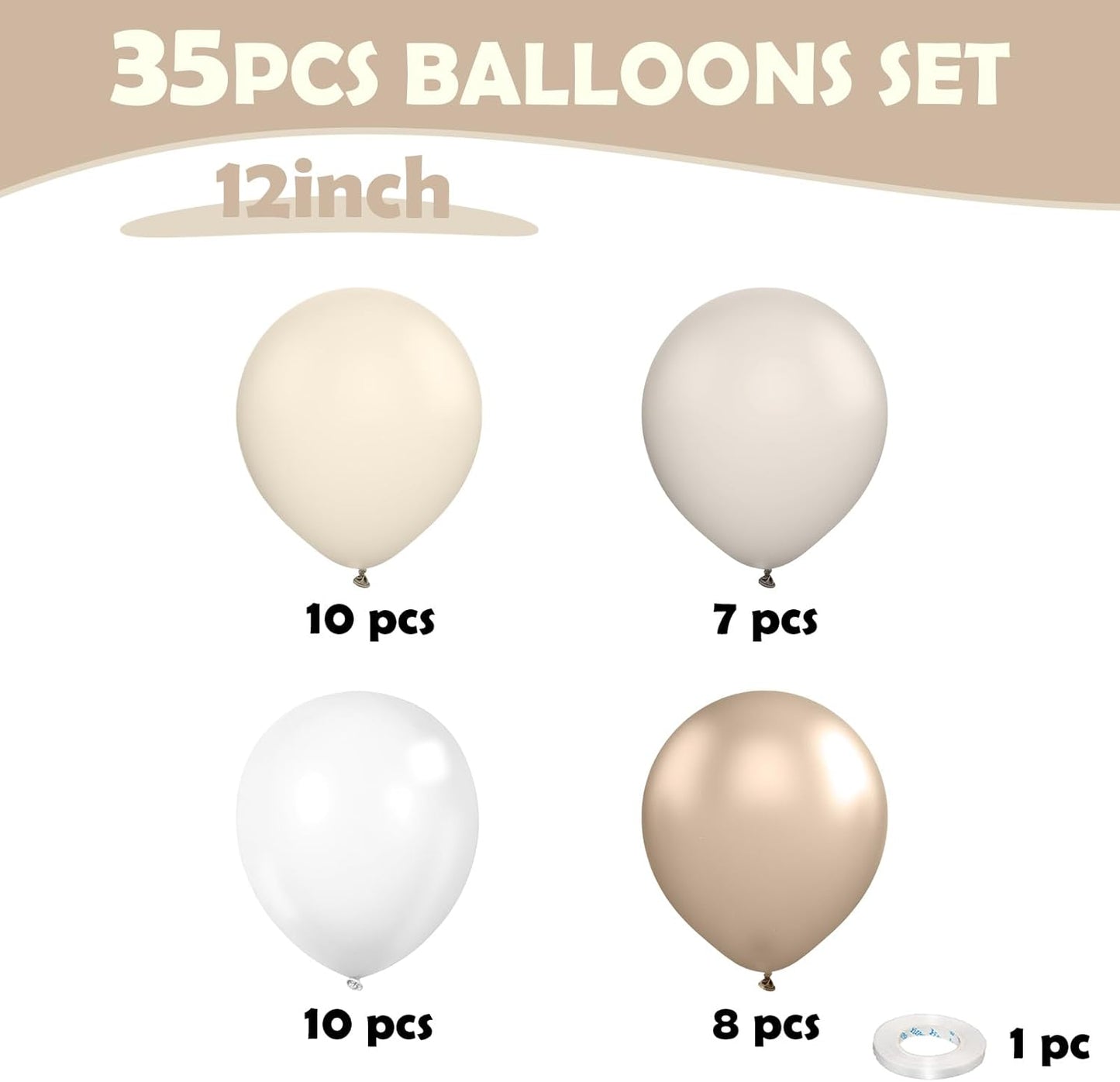 Beige White Gold Balloons,12 Inchs Sand White Metallic Champagne Clear Bride Balloons for Girls Wedding Anniversary Bachelorette Party Boho Bridal Shower Birthday Decorations
