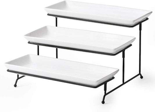 YHOSSEUN 3 Tier Serving Stand Tiered Tray Stand with 3 Porcelain Serving Platters Trays for Dessert Server Display Collapsible Sturdier Metal Rack 14 inch