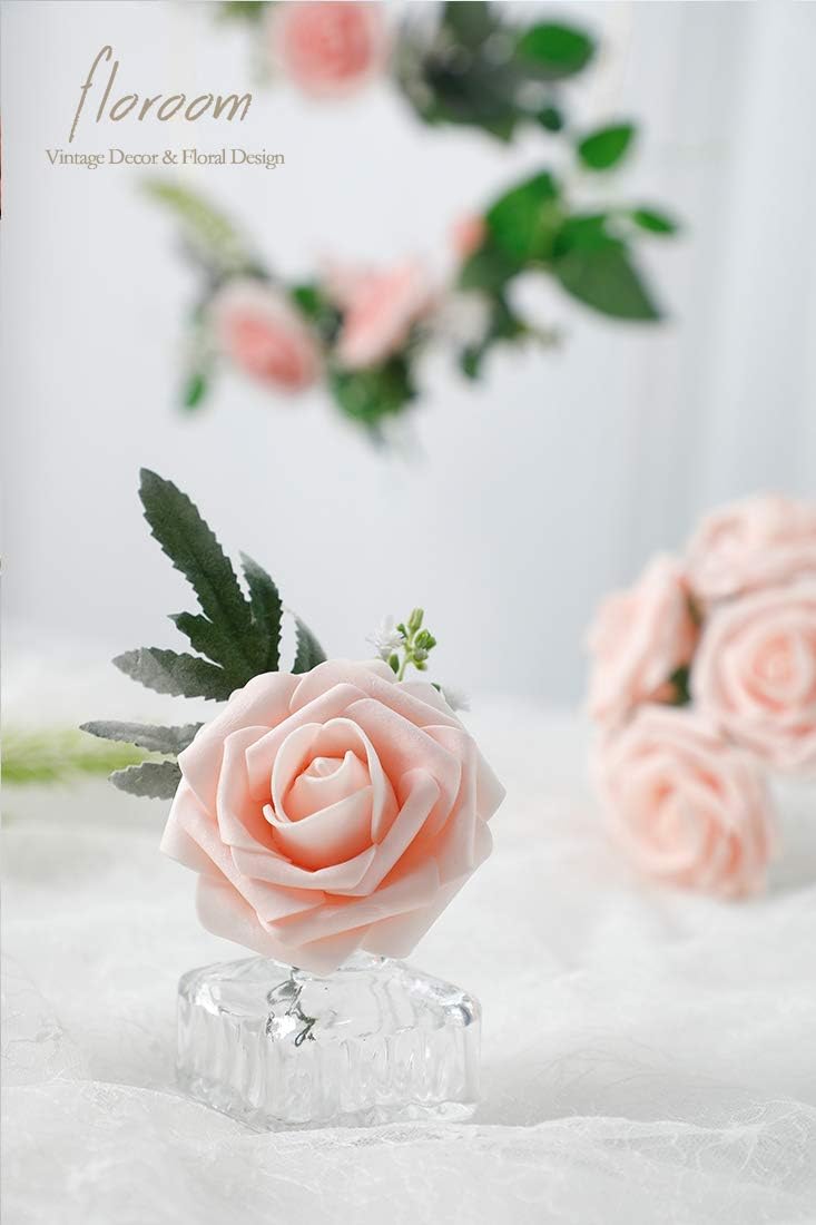 Floroom Artificial Flowers 25pcs Real Looking Blush Foam Fake Roses with Stems for DIY Wedding Bouquets Bridal Shower Centerpieces Party Decorations