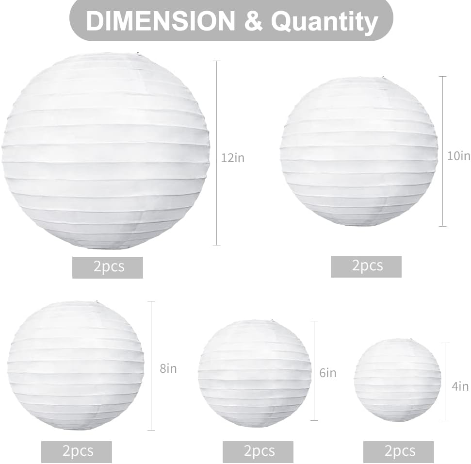 BEISHIDA 10Pcs White Paper Lanterns Decorative Chinese/Japanese Hanging Round Paper Lanterns Lamp for Birthday, Wedding, Christmas, Bridal, Home Decor, Party Decoration(Size of 4”, 6”, 8”, 10”)