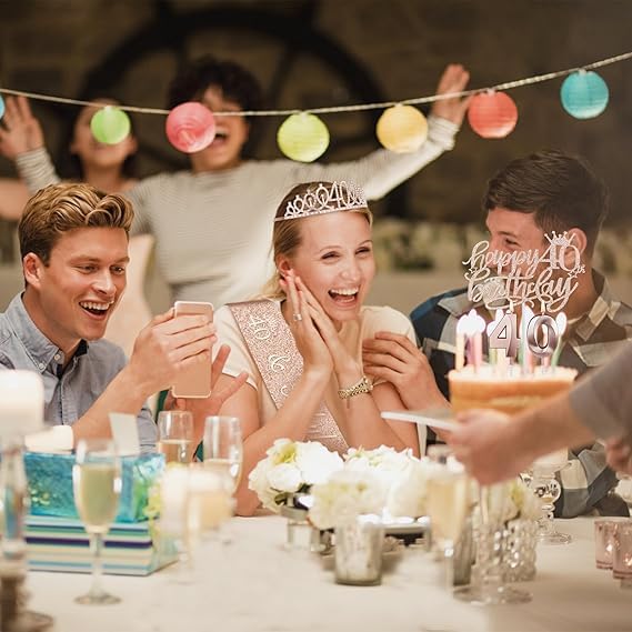 40th Birthday Decorations for Women, Including Crown/Tiara, Sash, Cake Topper and Candles, 40th Birthday Gifts Women