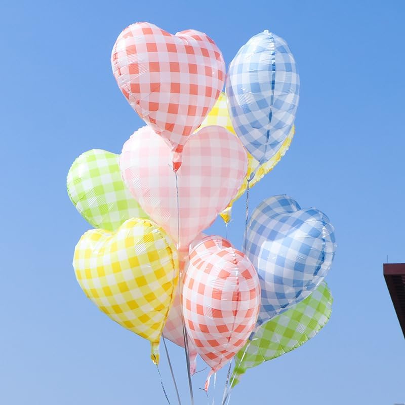 Pink White Checkered Heart Balloons,12Pcs 18Inch Light Pink Grid Heart Shaped Foil Helium Polyester Film Balloons for One Silly Goose Birthday Baby Shower Party Decorations