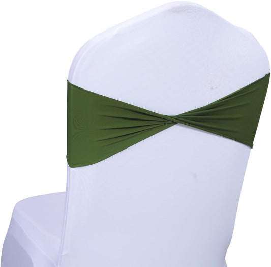 MDS Pack of 50 Spandex Chair Sashes Bows Elastic Stretch Dining Chair Bands Ties Without Slider Buckle Universal fits for Wedding Baby Shower Birthday Party Banquet Event Decoration - Olive Green