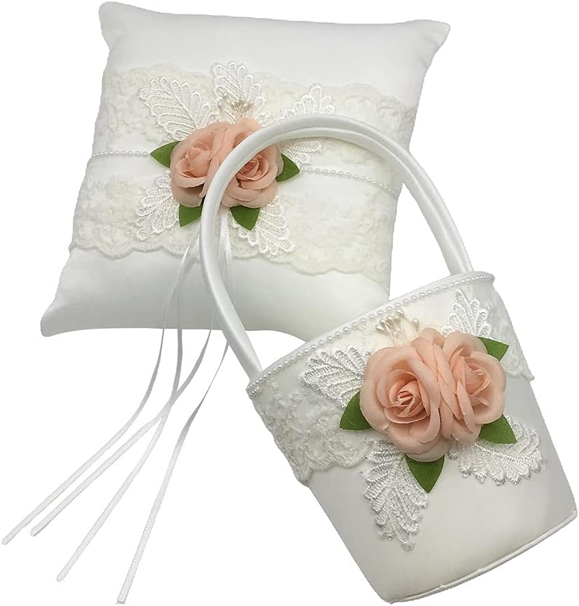 The Crafty Owl 2 Heart Rhinestones Ivory/White/Blue, Red, Purple, Black Trimming, Burlap,Pink Flowers Satin Wedding Ring Bearer Pillow and Basket Set (White lace & Pink Flowers)