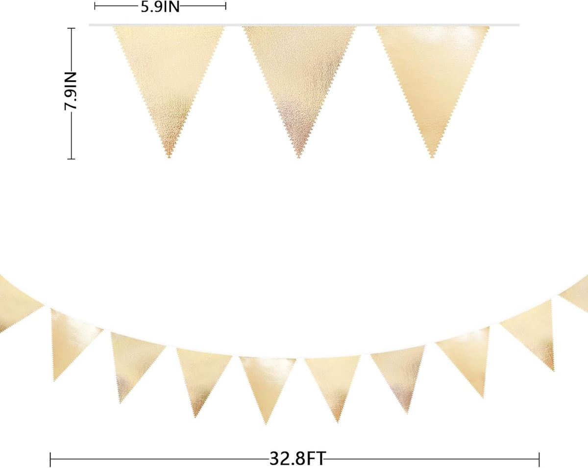 Champagne Gold Party Decoration Metallic Fabric Triangle Pennant Banner Flag Bunting Garland for Birthday Engagement Bridal Shower Wedding Anniversary Graduation Bachelorette Party Decoration Supplies