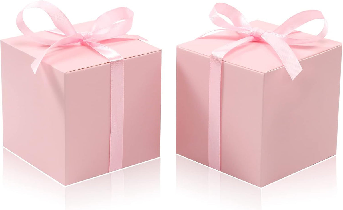 COTOPHER 100pcs Wedding Favor Boxes, Paper Gift Boxes 3x3x3 Inches Small Gift Boxes with Ribbons Small Boxes for Gifts, Crafting, Cupcake, Candy, Bridesmaid Proposal Boxes，Easy Assemble Boxes (Pink,