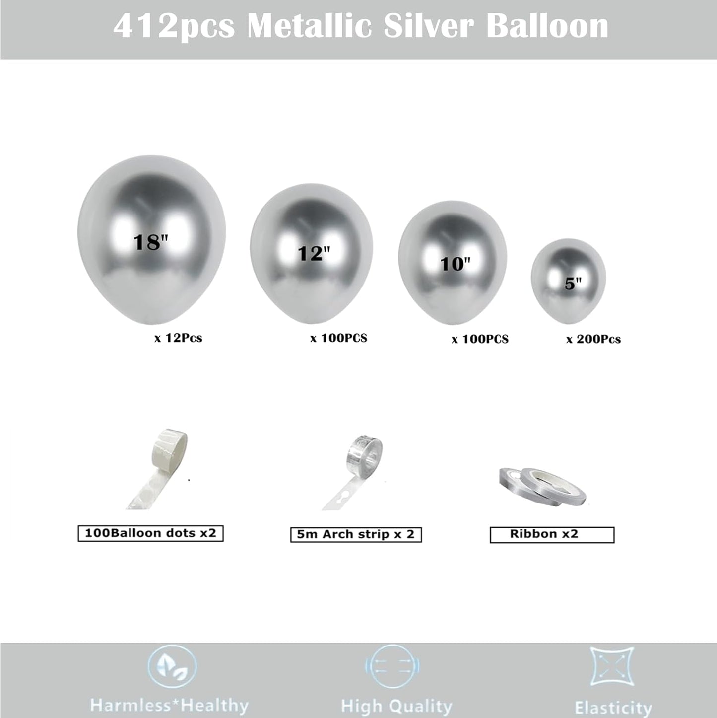 412pcs Metallic Silver Balloon Garland Arch Kit 18 12 10 5 Inch Different Sizes Latex Chrome Balloons for Baby Shower Birthday Graduation Wedding Anniversary Celebration Party Decoration