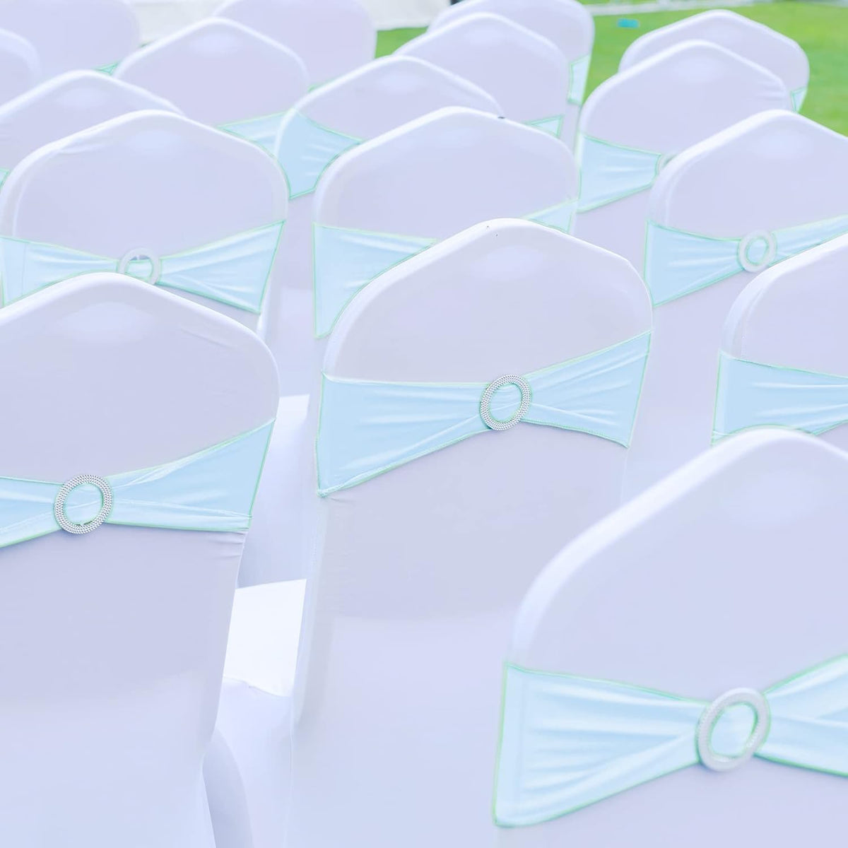 CHENGU 150 Pieces Spandex Stretch Chair Sashes Bows Elastic Chair Cover Bands Ties with Buckle Slider for Wedding Party Reception Events Universal Ceremony Banquet Decorations (Sky Blue)