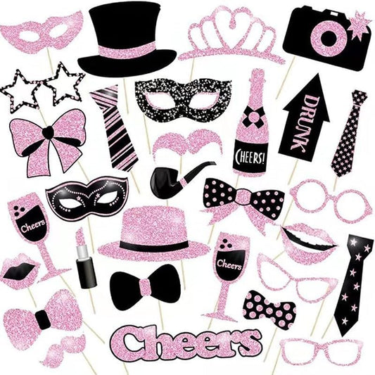 30 Pieces Black Rose Golden Photo Booth Props for Birthday Wedding New Year Party,Mix of Hats, Mask, Lipstick, Tie, Crowns and More Funny Selfie Props