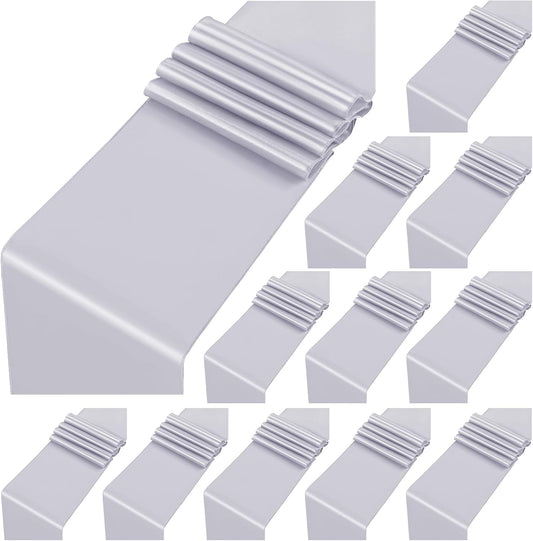 12 Pack Silver Satin Table Runner,12 x 108 inch Long Premium Smooth Table Runner for Wedding, Banquets, Birthday, Party, Graduation, Engagements, Table Runners fit Rectangle and Round Table