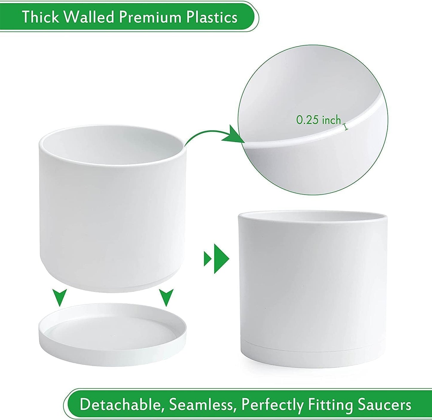 D'vine Dev 2 Pack 8 Inch Modern Plastic Plant Pots, Cylindrical Garden Planters for Plants with Drainage Holes and Saucers, White, 74-Z-M-1