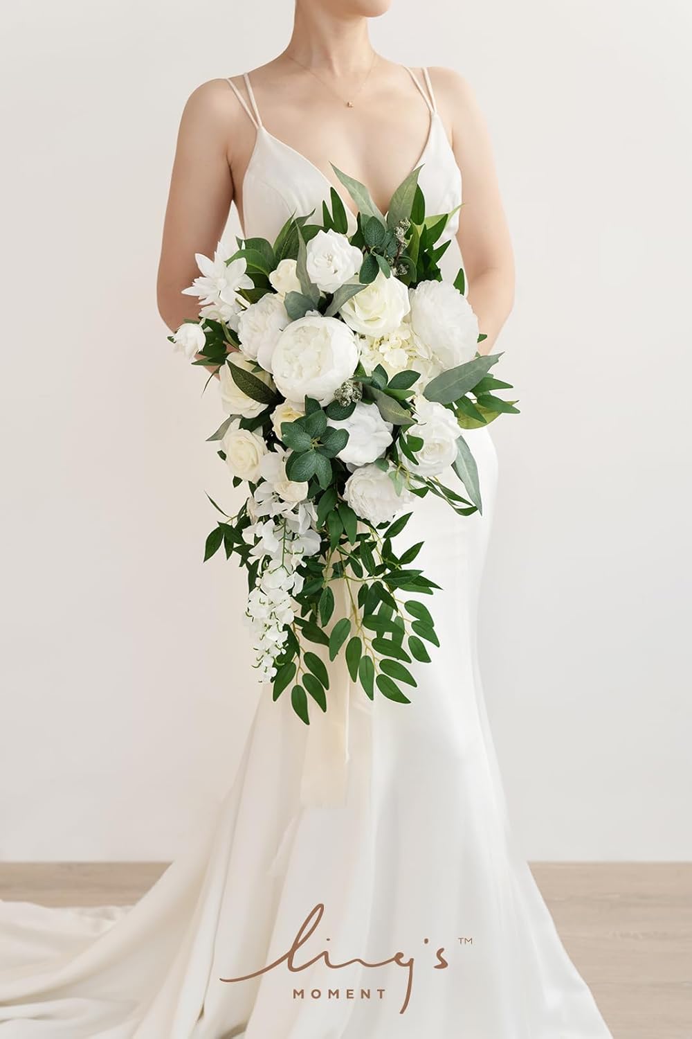 Ling's Moment White Bridal Bouquet Cascading, Ivory Wedding Bouquets for Bride, 15 Inch Bride Bouquets for Wedding Artificial Flowers Bouquets