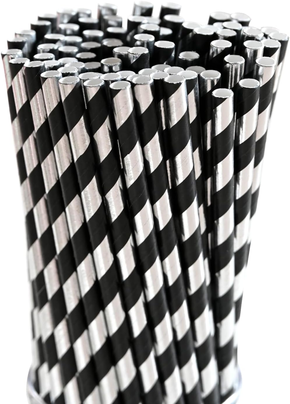 Disposable Paper Straws - Black Silver Striped Drinking Straws for Bar, Wedding, Brithday, Party Supply, Cake Pop Sticks, Cocktail, Drinks, 7.75" x 0.24"