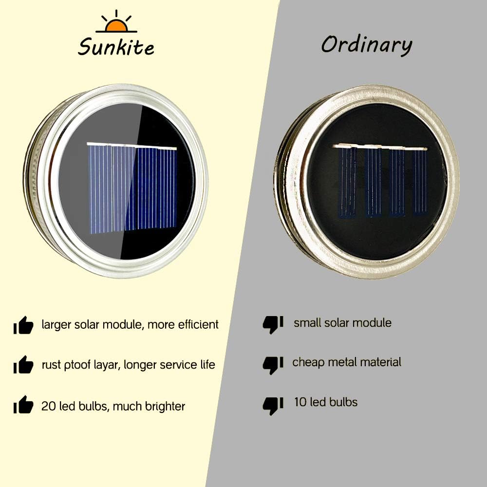 SunKite Solar Mason Jar Lights [Updated], 8 Pack 20 LED Waterproof Fairy Firefly Jar Lids String Lights with Hangers(NO Jars), Patio Yard Garden Wedding Decoration - Cool White
