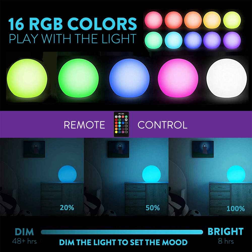 Mr.Go 16-inch Indoor/Outdoor Waterproof Rechargeable LED Glowing Ball Light Orb Globe Lamp w/Remote, 16 RGB Colors 4 Light Effects, Ideal Home Garden Pool Patio Party Ambient Decorative Lighting