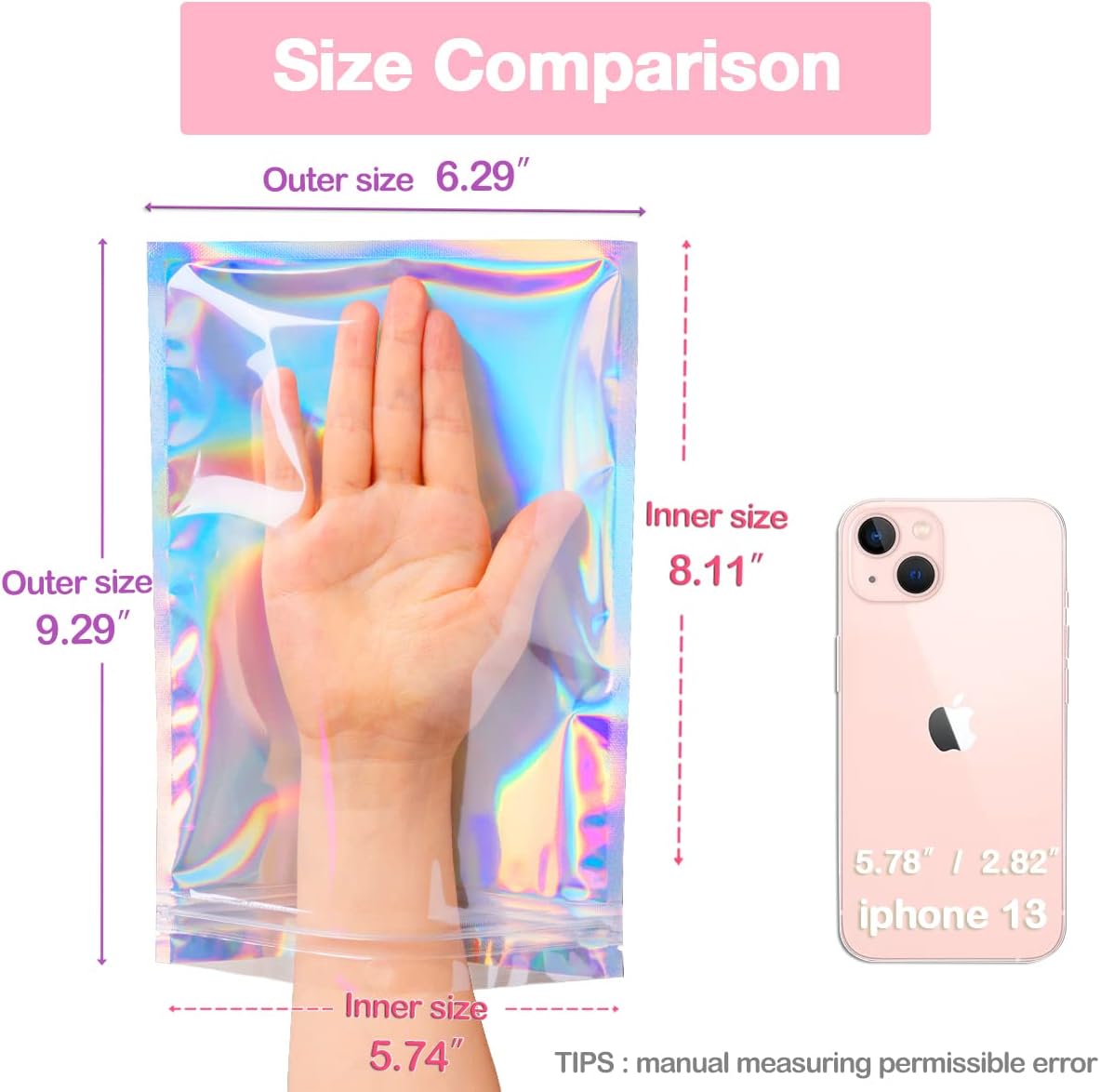 Smell Proof Bags & Resealable Foil Pouch Sample Bag [100 PCS ] Great for Party Favor Food Storage (Holographic Color) (6x9 Inch)