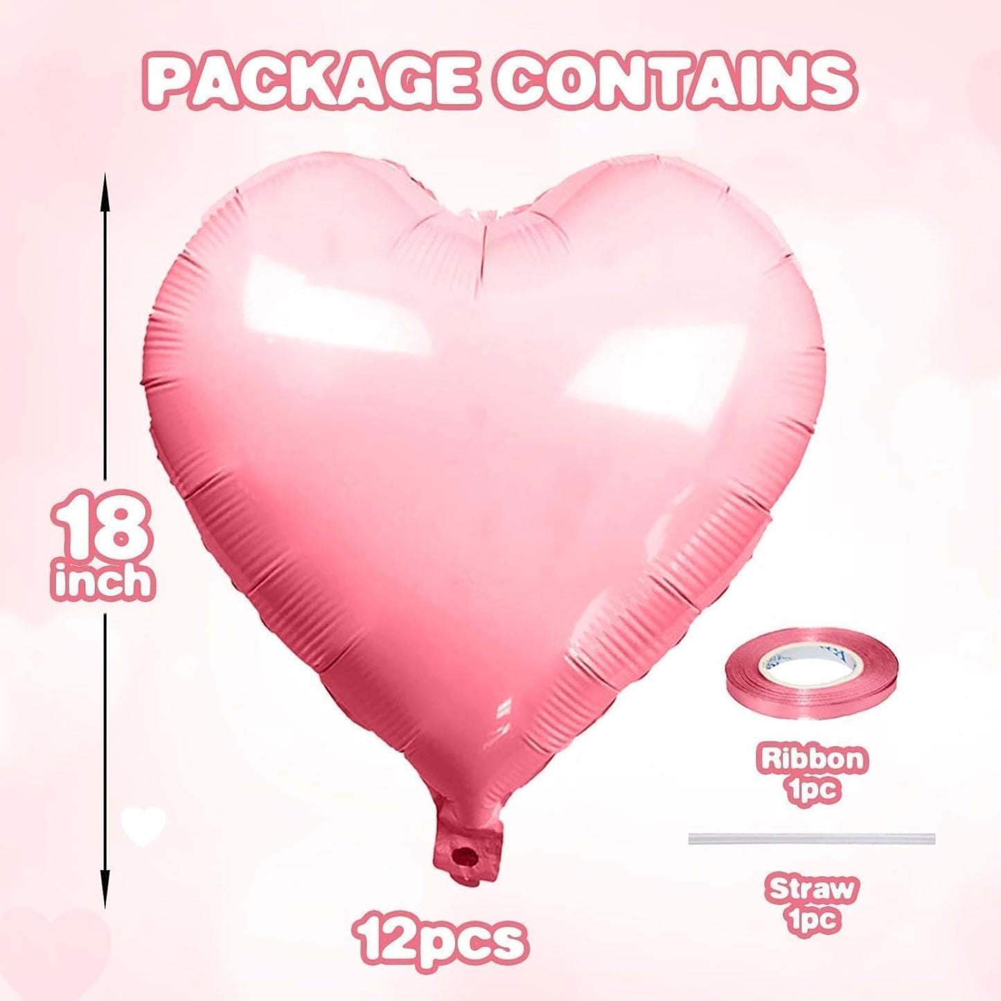 12 Pcs Heart Balloons, 18 inch Pink Heart Shaped Balloons, Big Helium Balloon,Love Foil Balloon for Wedding Baby Shower Anniversary Backdrop Valentine Party Decoration
