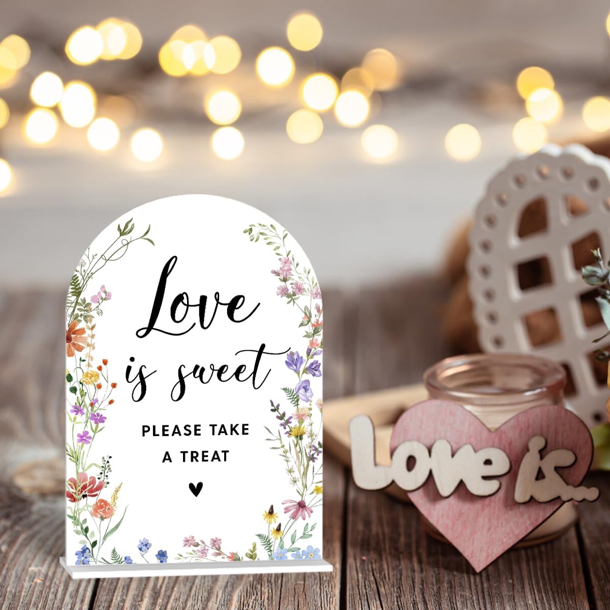 Acrylic Wedding Signs, Love is Sweet Signs for Marriage Reception, Bridal Shower Decorations, Modern Arched Round Top Acrylic Table Top Sign with Holder for Wedding Party Dinner (White Wildflowers)