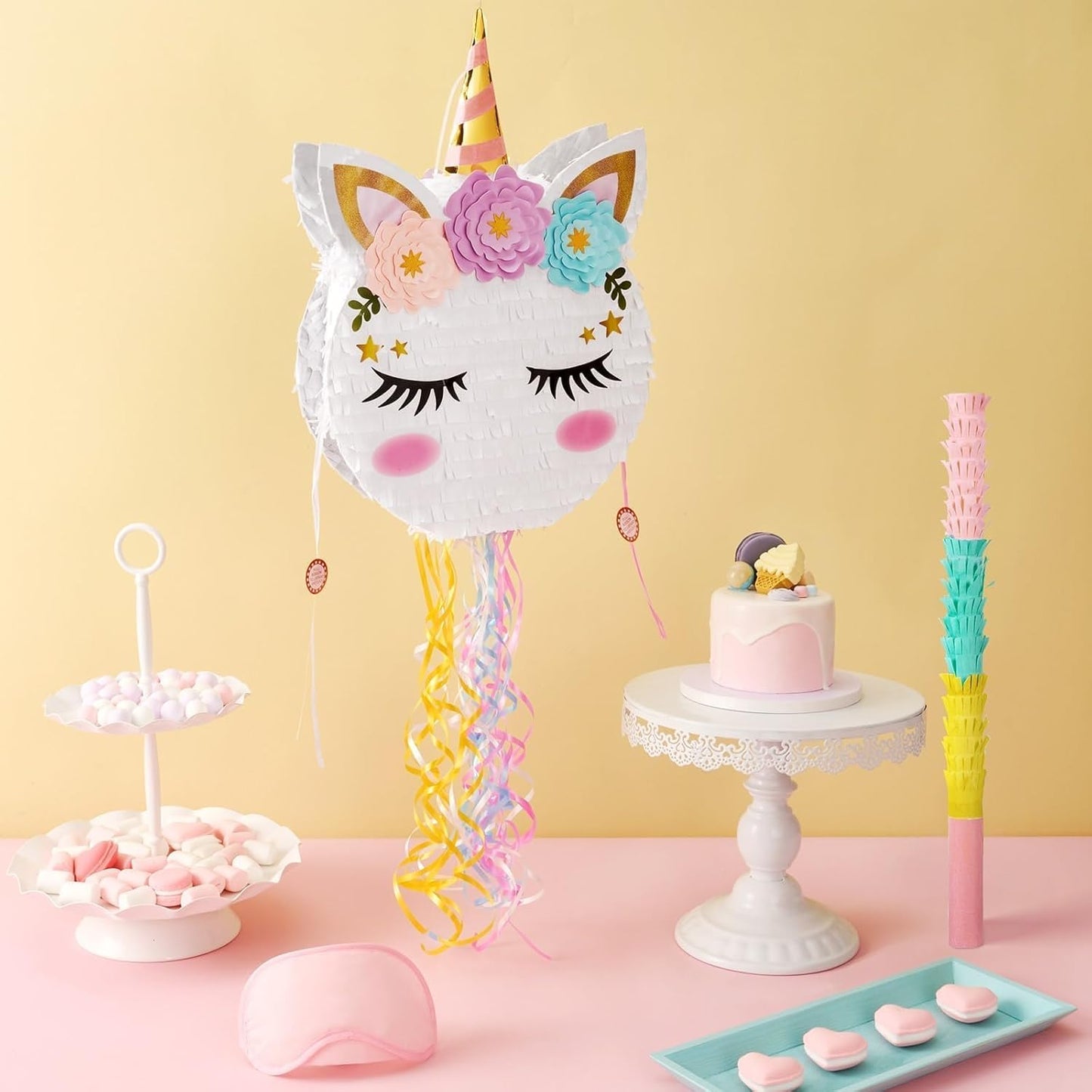 Foldable Unicorn Piñata - Unicorn Birthday Party Supplies Extendable Piñata with Blindfold Bat and Tassels Unicorn Birthday Party Decoration Games Folding Pink Unicorn Piñatas for Kids Classroom Game