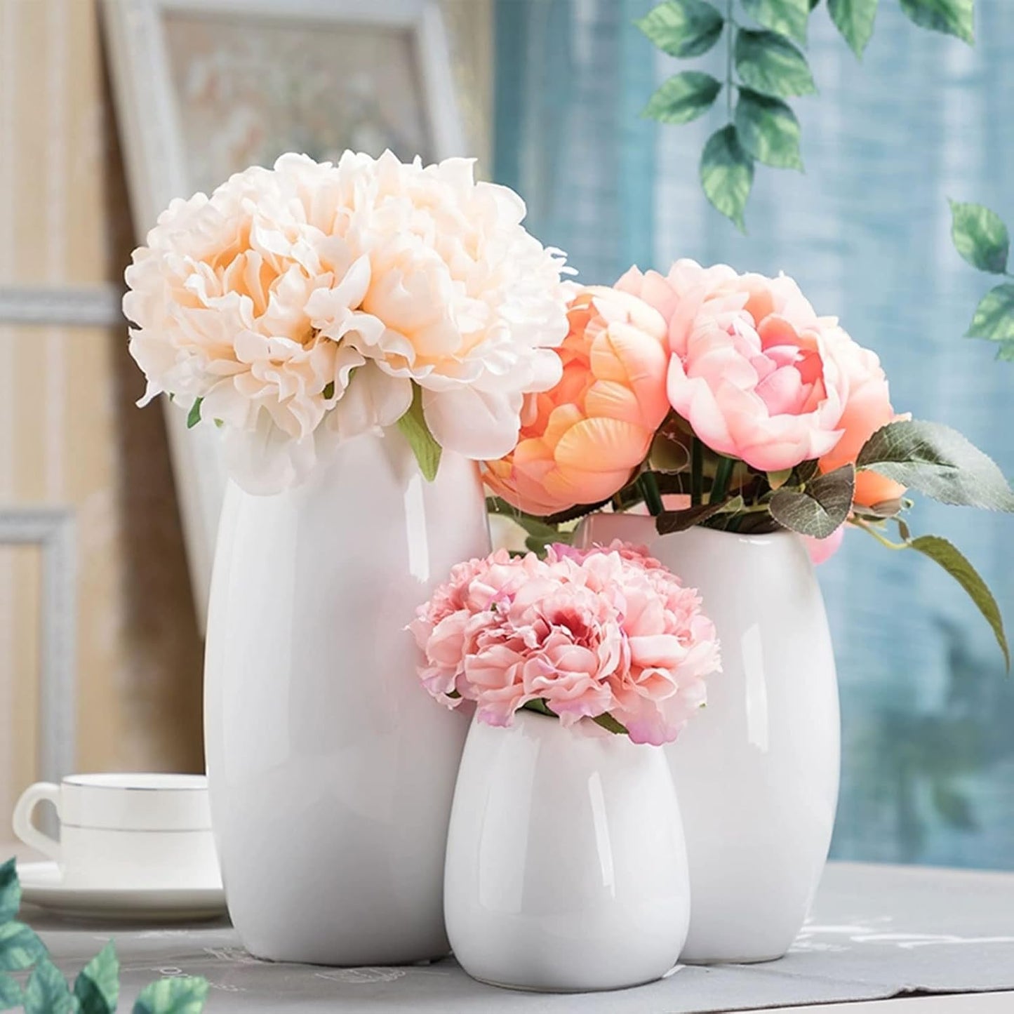 hjn Ceramic Vase Set of 3 White Flower Vase for Home Decor, Modern Decorative Vases for Flowers/Ideal Shelf Decor/Table/Living Room/Kitchen/Office-White