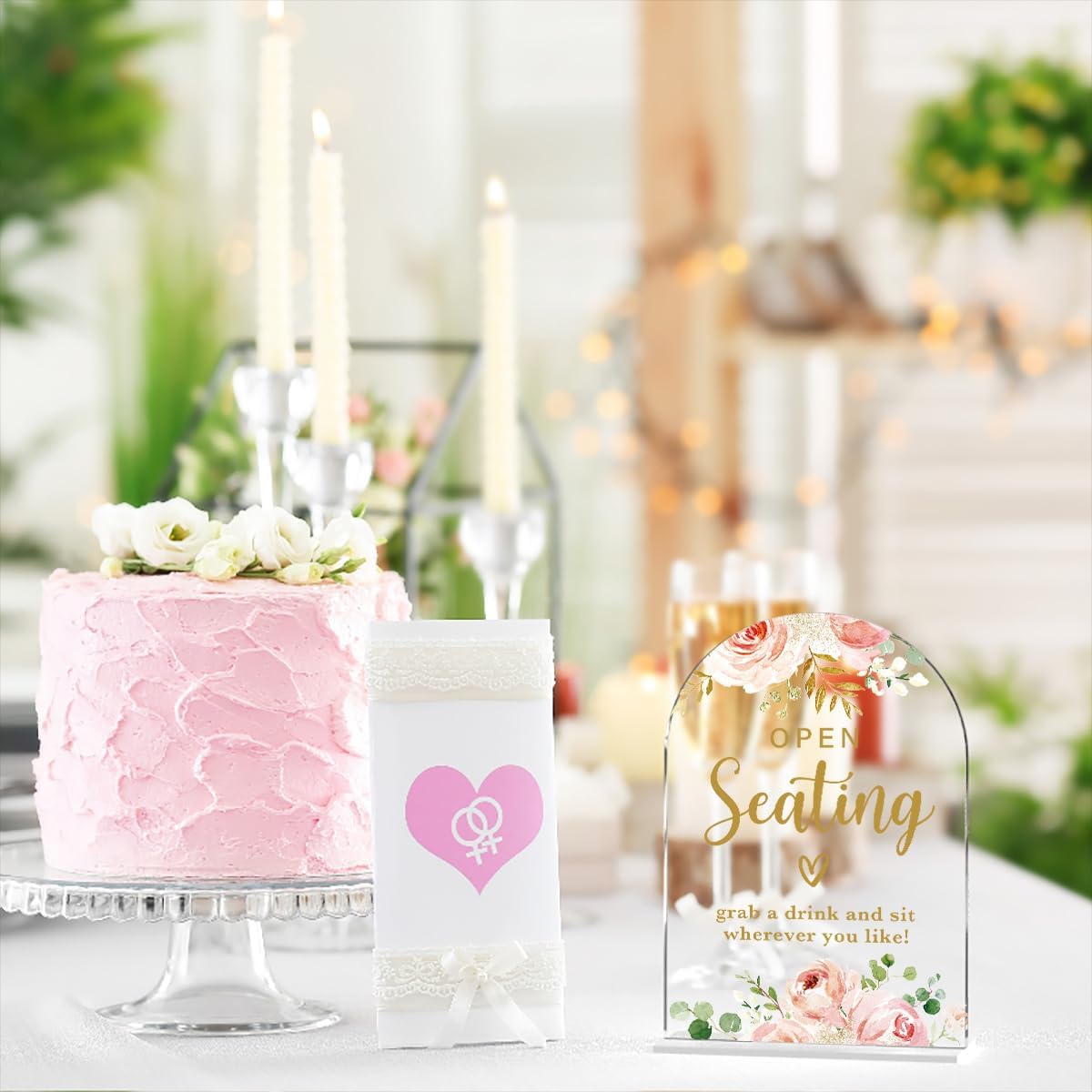 Acrylic Wedding Signs, Bridal Shower Decorations, Open Seating Signs for Reception, Modern Calligraphy Arch Acrylic Table Top Sign for Wedding Reception and Engagement Parties (Clear Pink Flowers)
