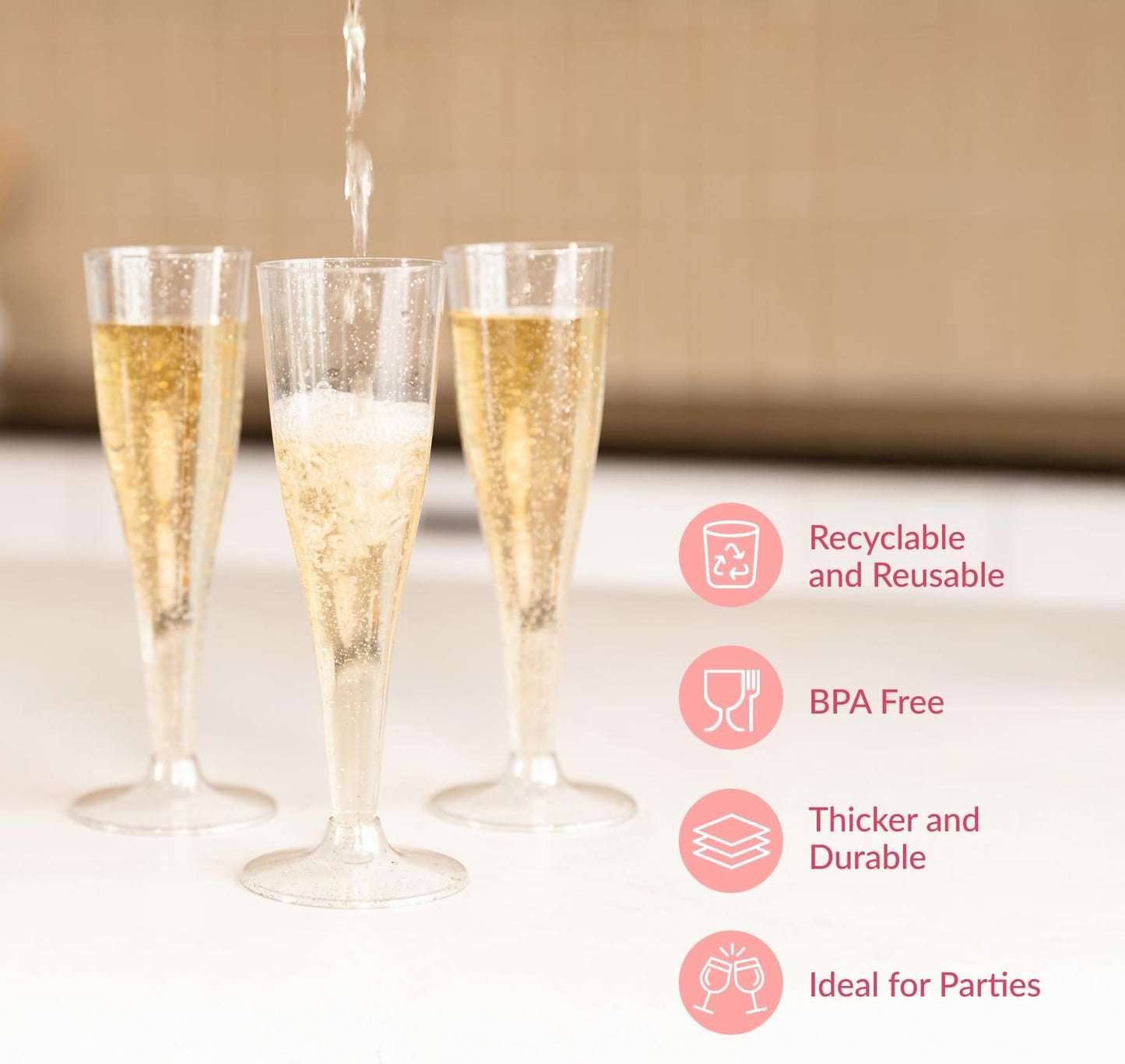 Prestee 200 Disposable Champagne Flutes Plastic 200 Pack - Silver Glitter Champagne Flutes for Weddings, Parties, and New Year’s Eve - 4.5 Oz Plastic Silver Party Glasses