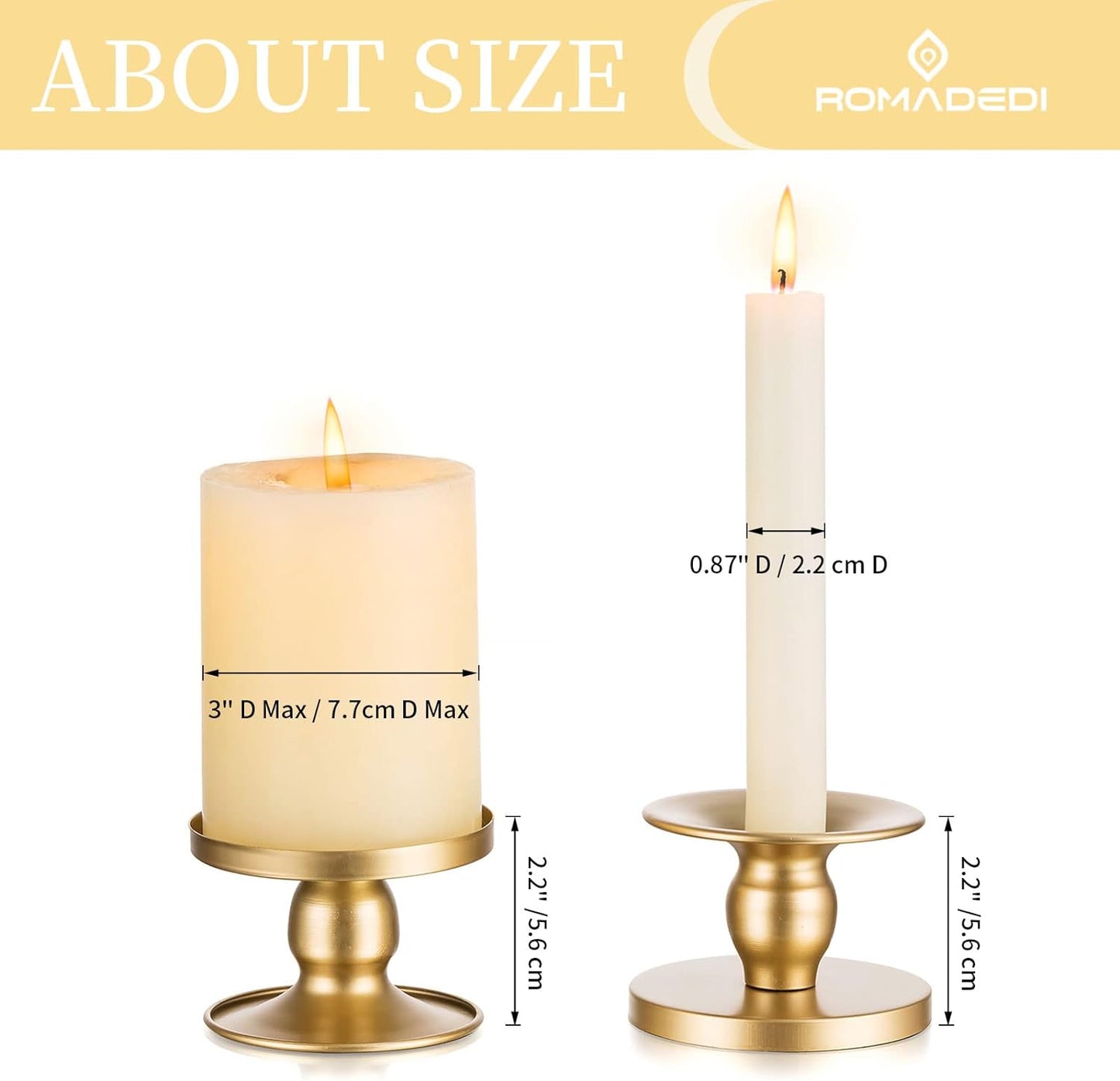 Candle Holders for Pillar Candles, Romadedi Gold Pillar & Taper Candle Holder, Small Metal Candle Stick Candle Holder for Wedding, Dining Room Table Centerpiece, Holiday Decor, 4 Pcs