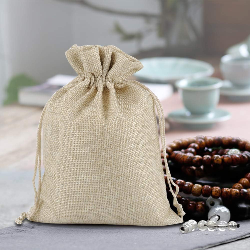 Lucky Monet 25/50/100PCS Burlap Gift Bags Wedding Hessian Jute Bags Linen Jewelry Pouches with Drawstring for Birthday, Party, Wedding Favors, Present, Art and DIY Craft (50Pcs, Cream, 5” x 7”)